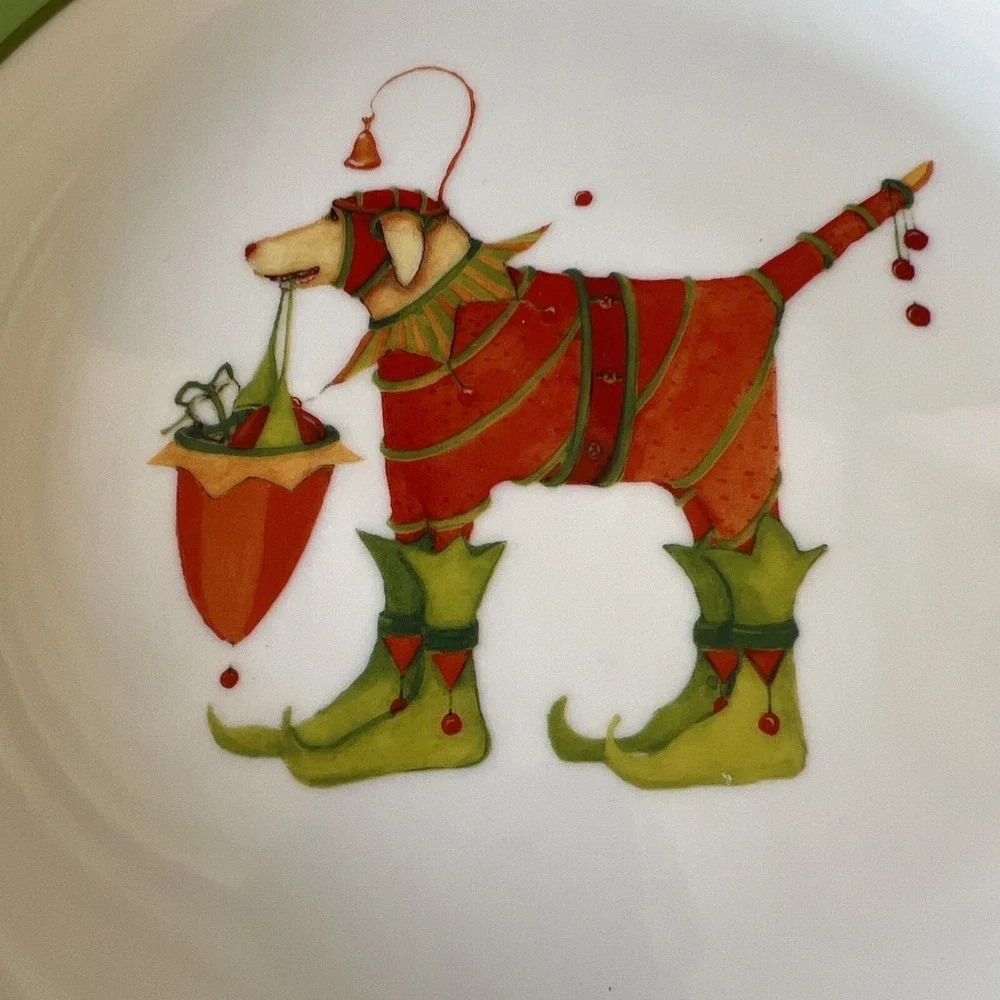 (2) Dept 56 Patience Brewster Krinkles Christmas Dog in Elf Boots Dessert Plates